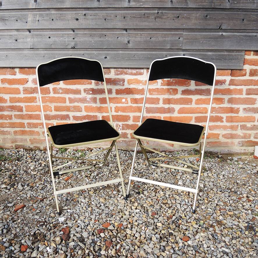 2 Antique Brass & Black Velvet Folding Chairs
