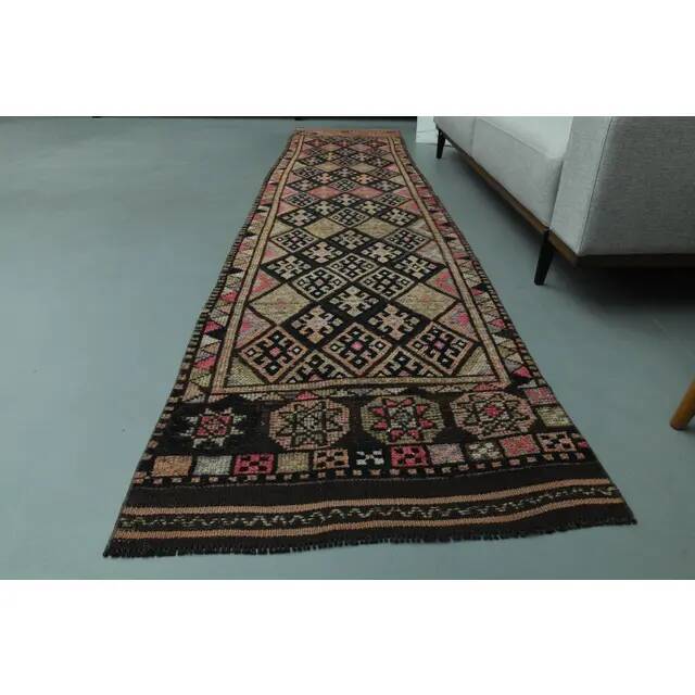1970s Vintage Turkish Oushak Handmade Wool Cotton Pink Runner Rug 85x377