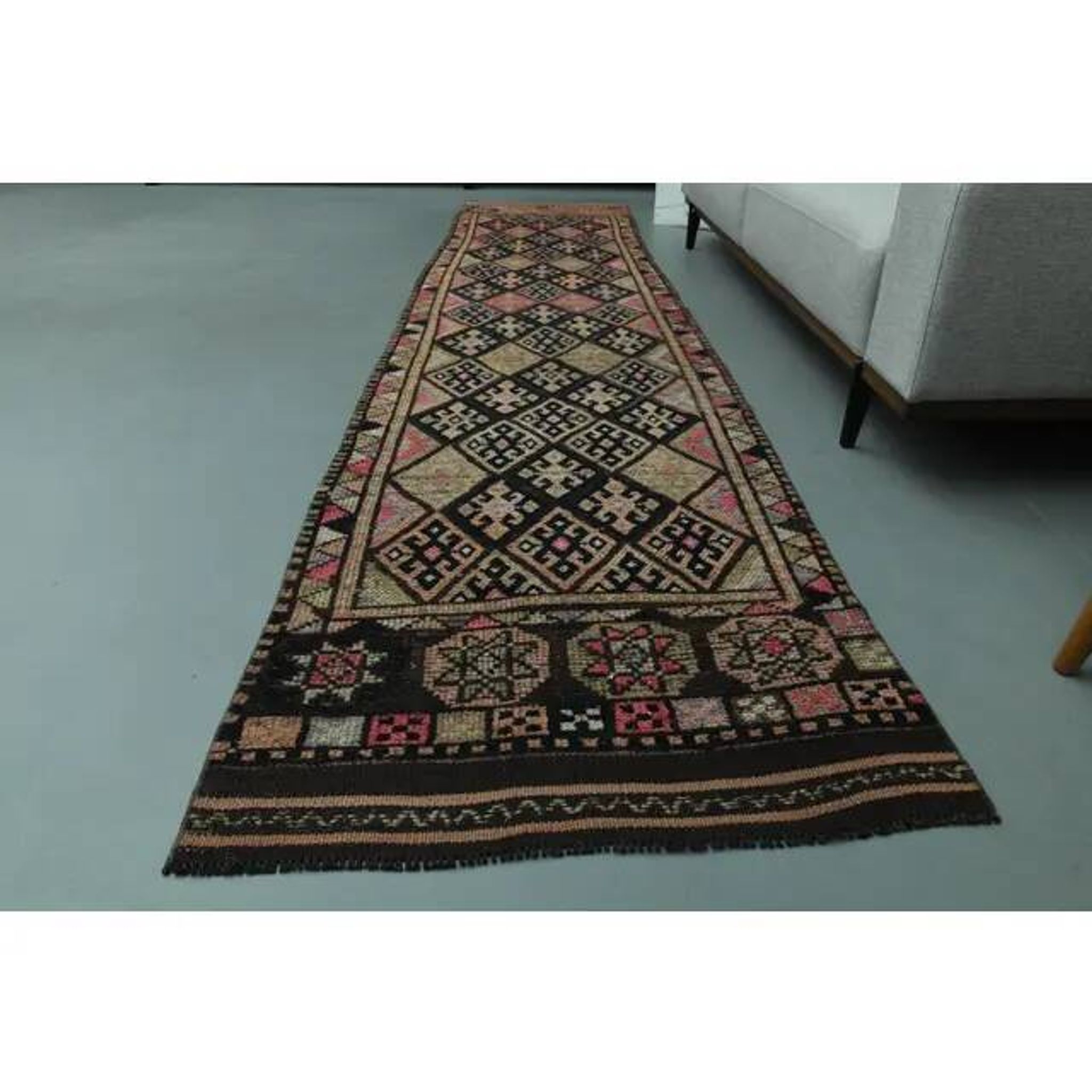 1970s Vintage Turkish Oushak Handmade Wool Cotton Pink Runner Rug 85x377