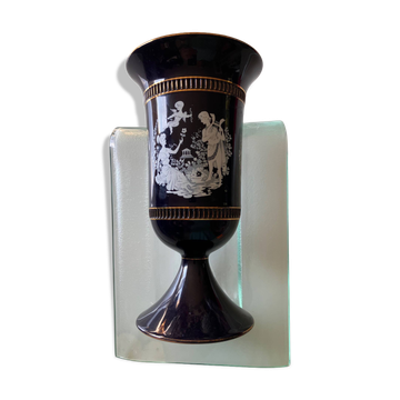 Vase sur piédestal vintage bleu cobalt et doré – C. fiorentino, Italie
