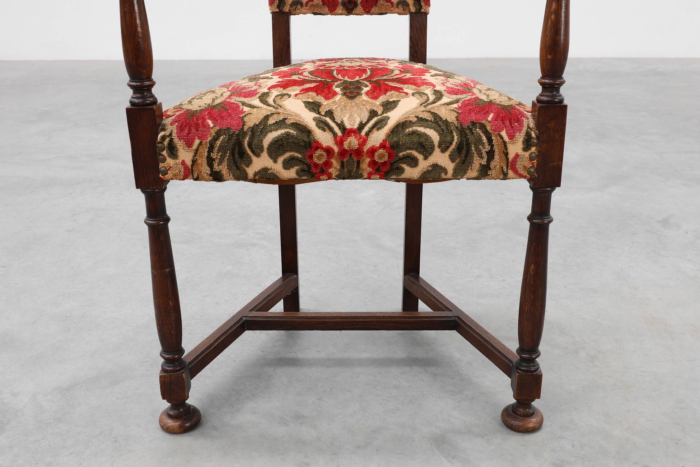 Antique oak Louis XIII style chair with floral upholstery, France ca. 1890