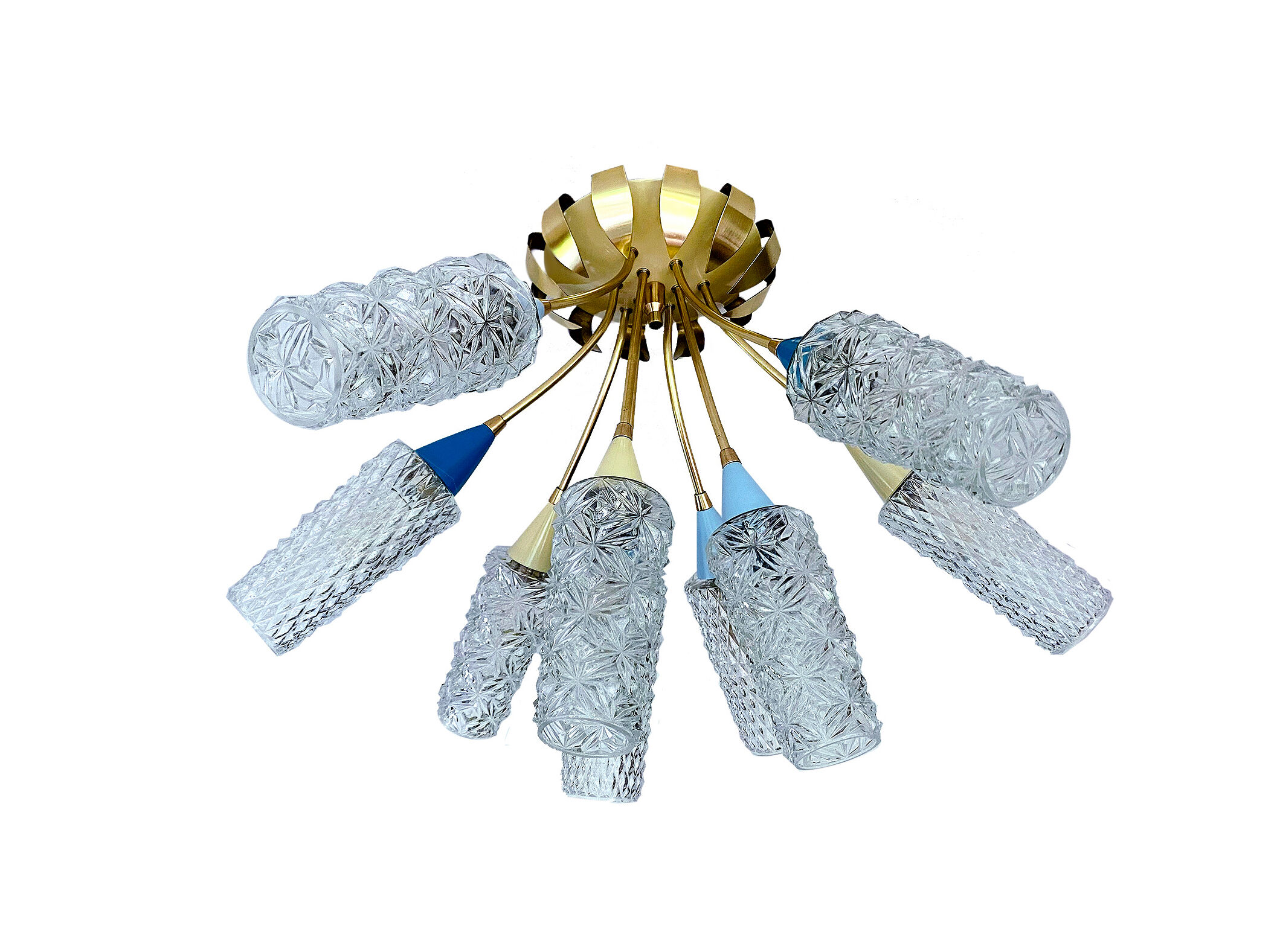 plafonnier lampe vintage, annees 50, verre laiton, bleu beige or