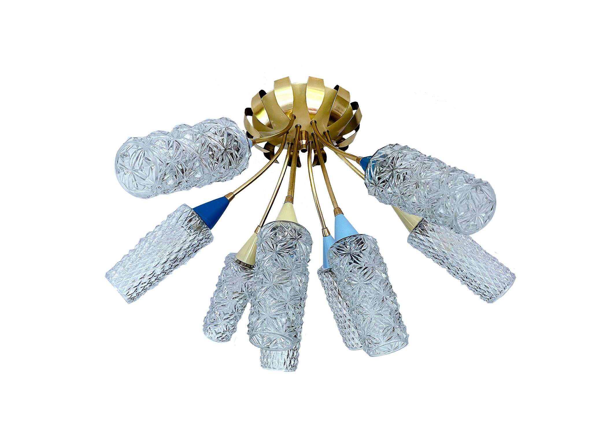 plafonnier lampe vintage, annees 50, verre laiton, bleu beige or