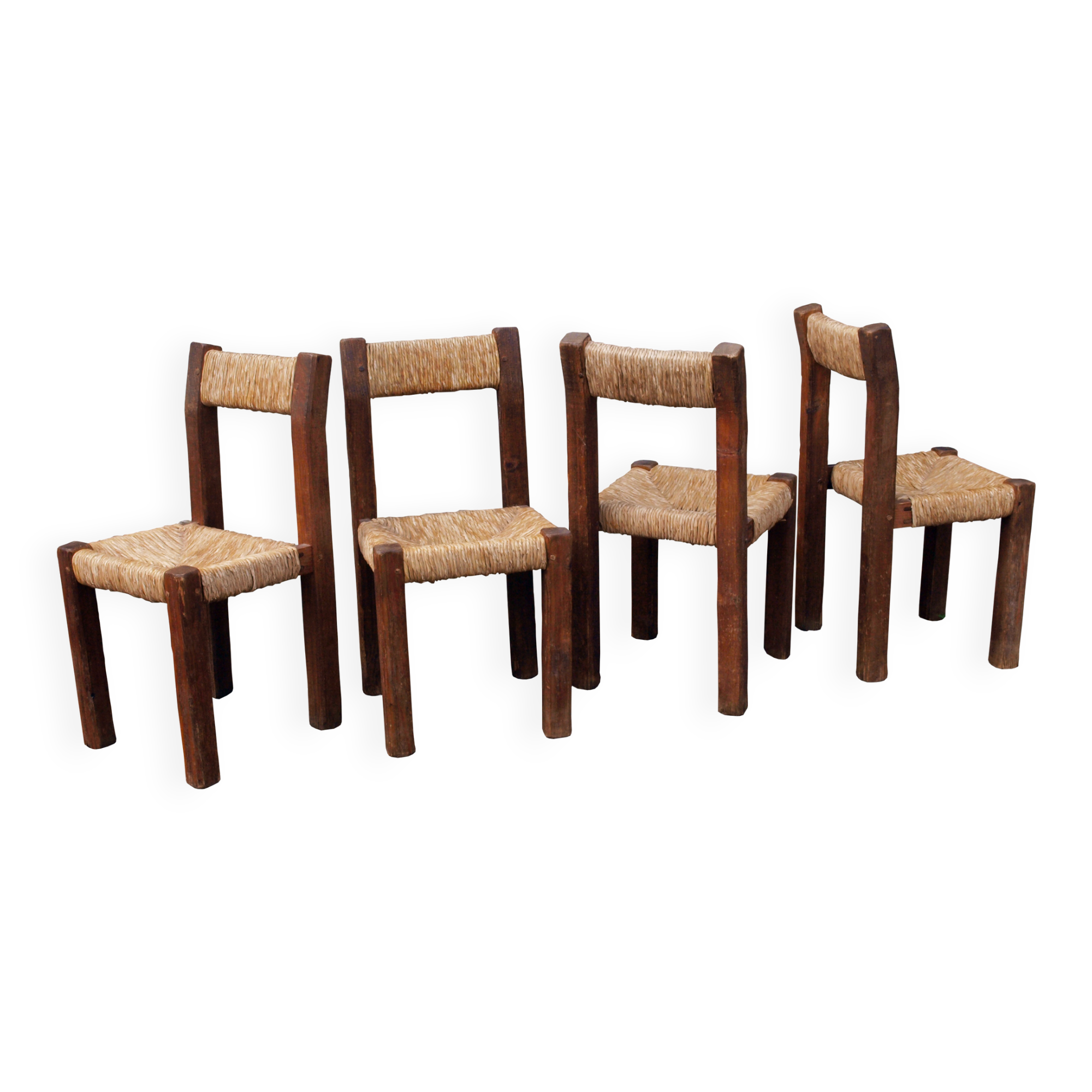 Brutalist chairs in pine and straw, France, 1950s, set of 4