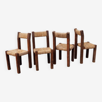 Brutalist chairs in pine and straw, France, 1950s, set of 4