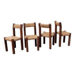 Chaises brutalistes en pin et paille,