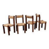 Brutalist chairs in pine and straw, France, 1950s, set of 4