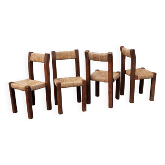 Brutalist chairs in pine and straw, France, 1950s, set of 4
