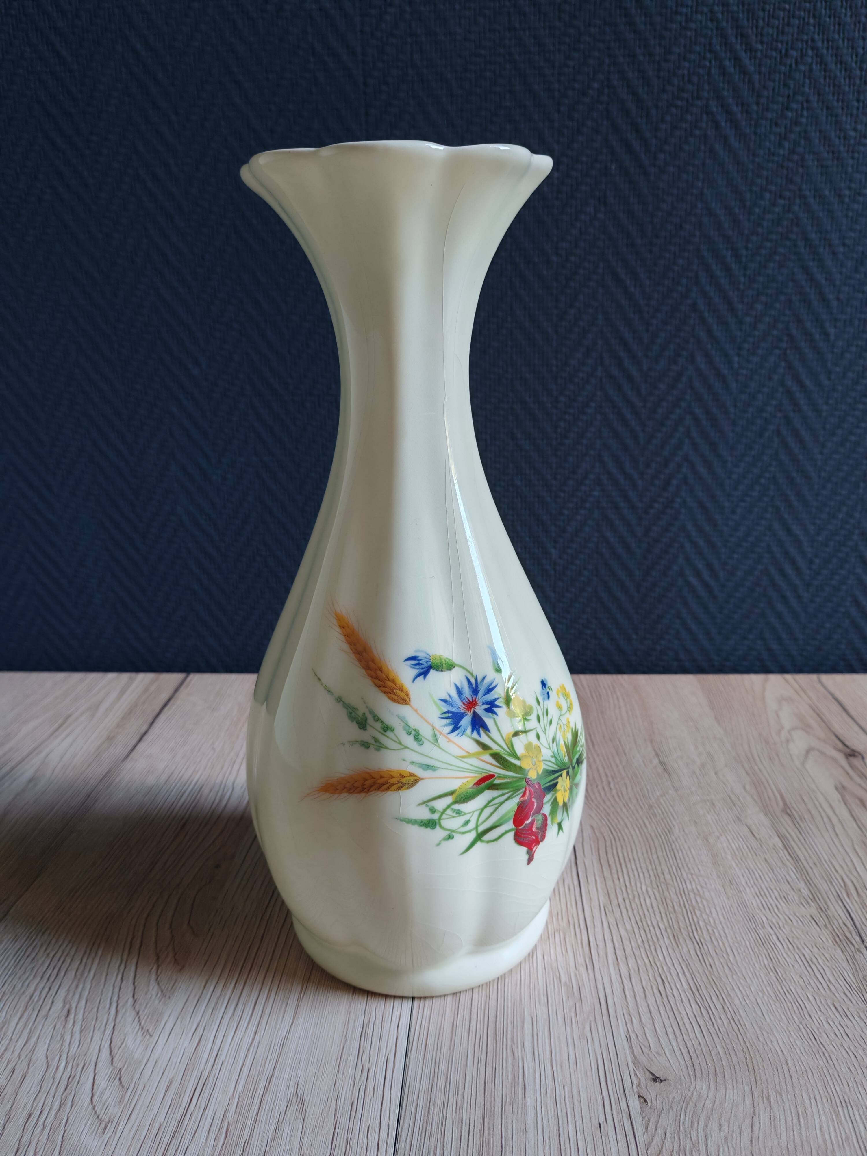 Vintage White Broken Ceramic Vase with Floral Pattern, Ribbed Vase