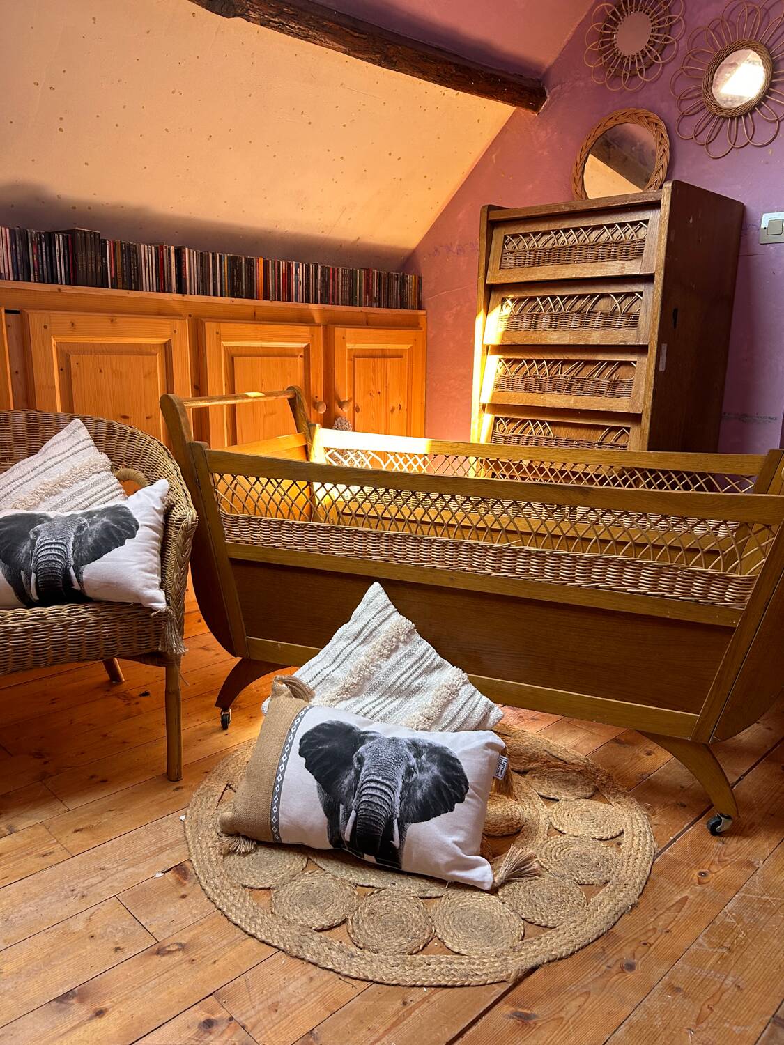 Wooden and rattan children's bed from the 60s