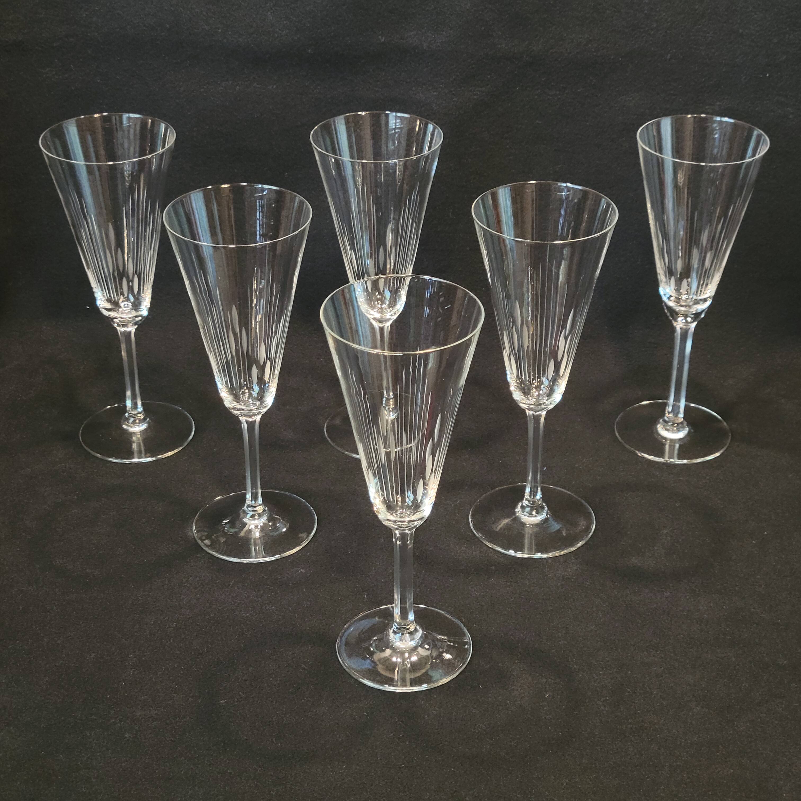6 old cut crystal champagne flutes