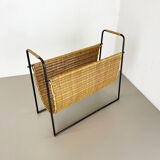 Aubock Style Mid-Century Rattan Bauhaus Magazine Holder, France, 1950s