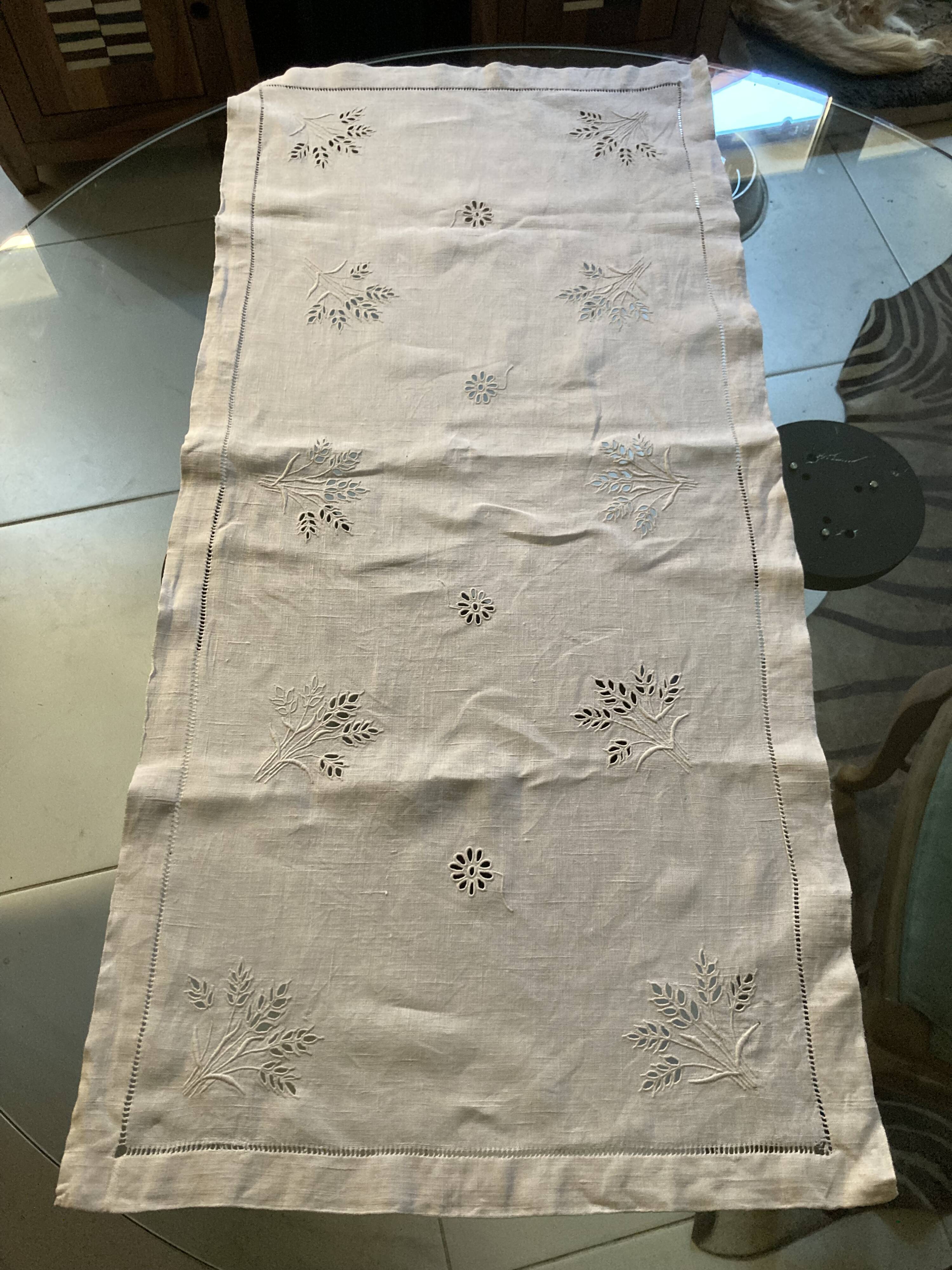 Antique hand-embroidered table runner with wheat ear motif