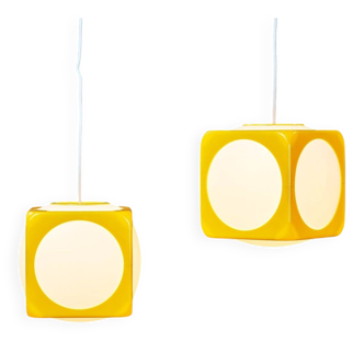 Space Age Ceiling Lights Model Dice Yellow by Lars Schöler for Hoyrup Lamps, 1970s, Set of 2