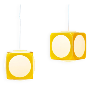 Space Age Ceiling Lights Model Dice Yellow by Lars Schöler for Hoyrup Lamps, 1970s, Set of 2