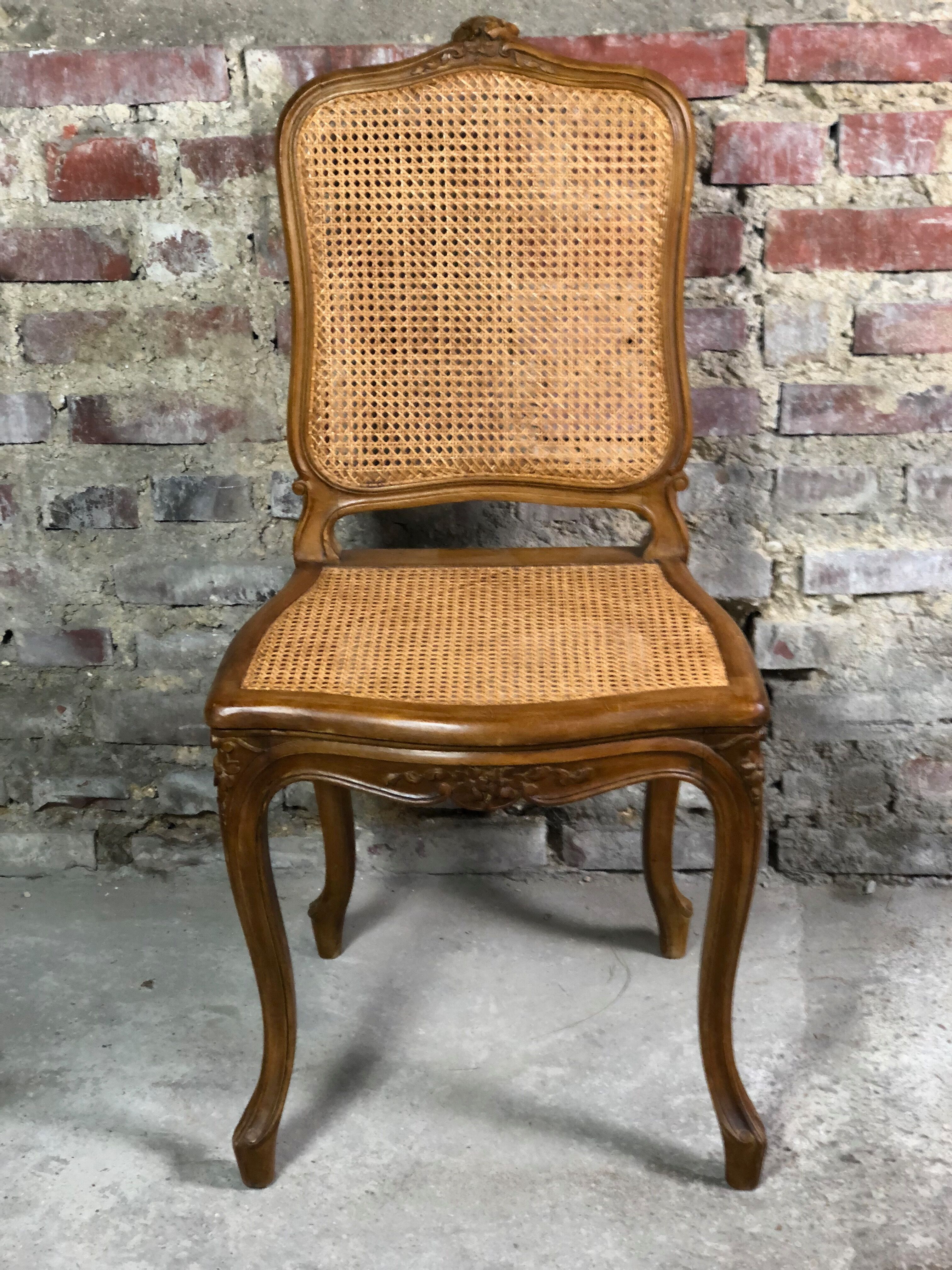 Chairs (lot of 6) Louis XV style in solid walnut caned 1940