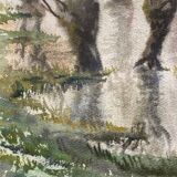 Aquarelle représentant des arbres avec leurs reflets dans l'eau