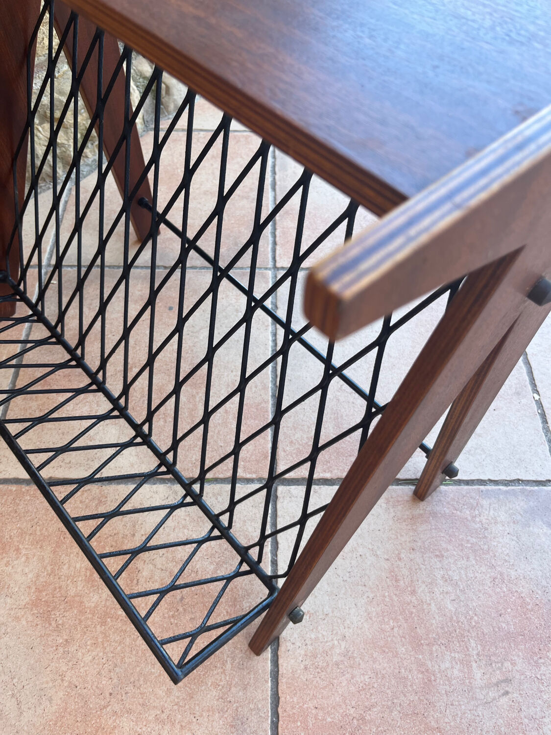 Scandinavian wood and steel magazine rack from the 60s