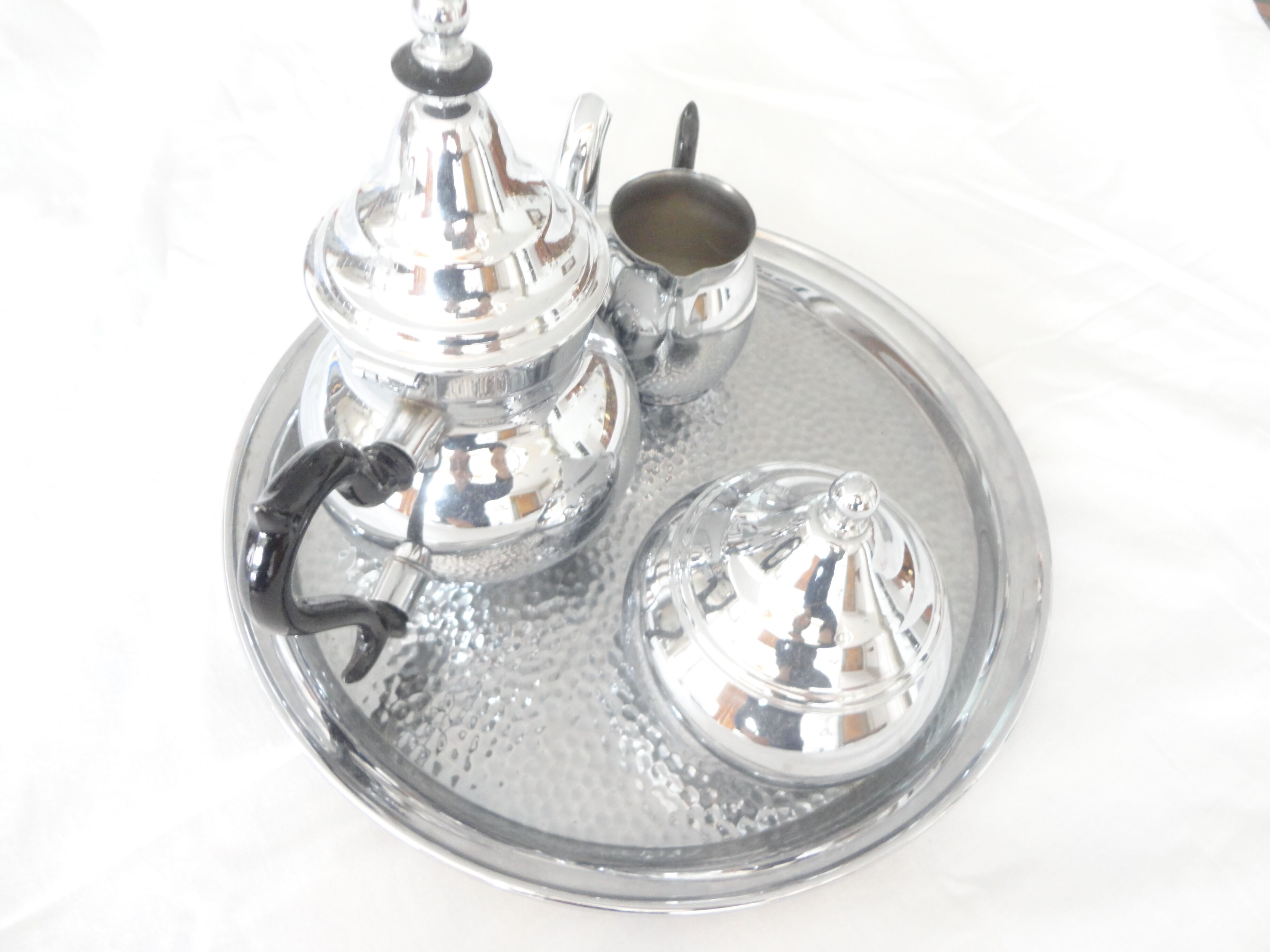 teapot, milk jug, sugar bowl, silver stainless steel, 1980,