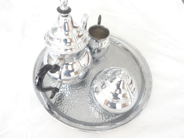Plateau théière, pot à lait, sucrier, inox argenté, 1980