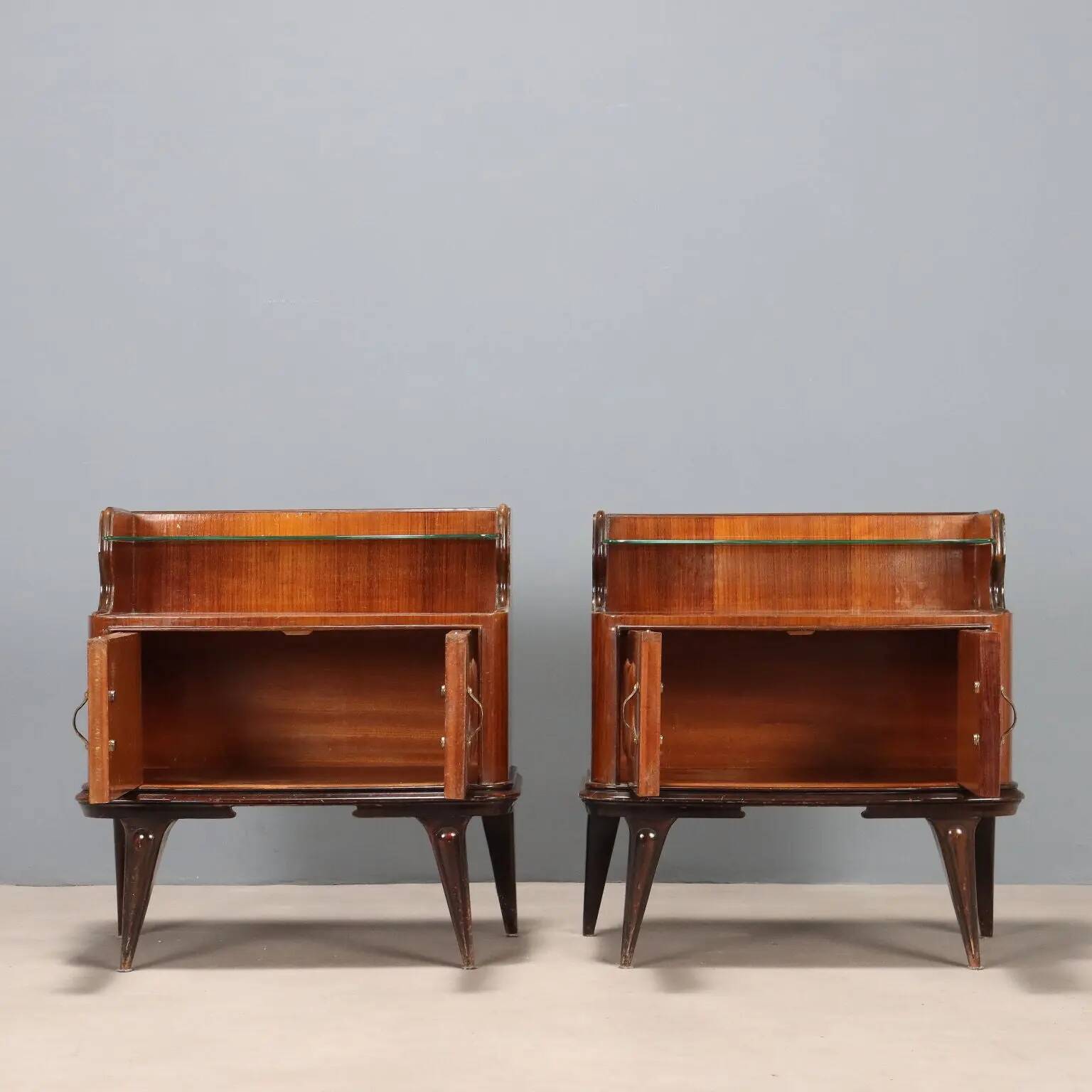Pair of vintage bedside tables in exotic wood veneer, design, Italy, 1950s