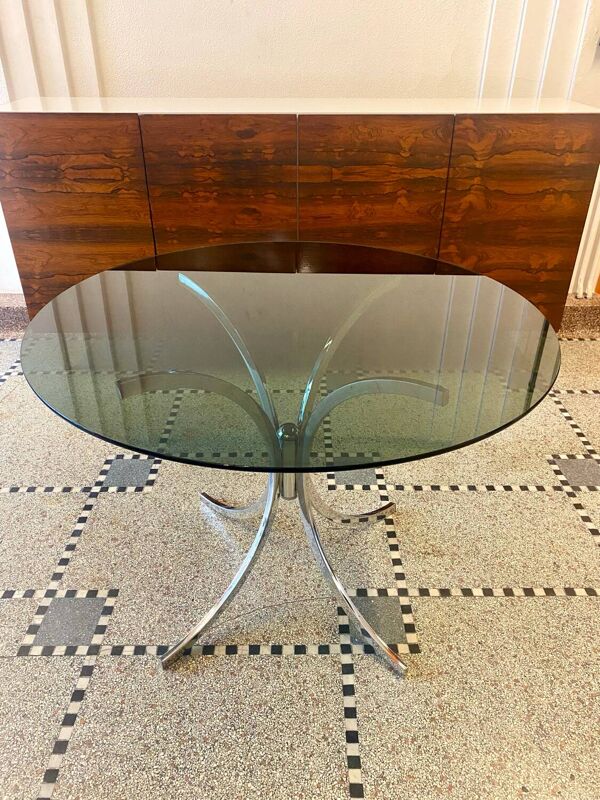 Table ronde italienne en verre fumé 1970 style Giotto Stoppino