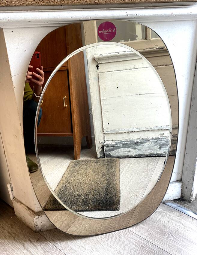 Beveled mirror, smoked glass frame, 1970