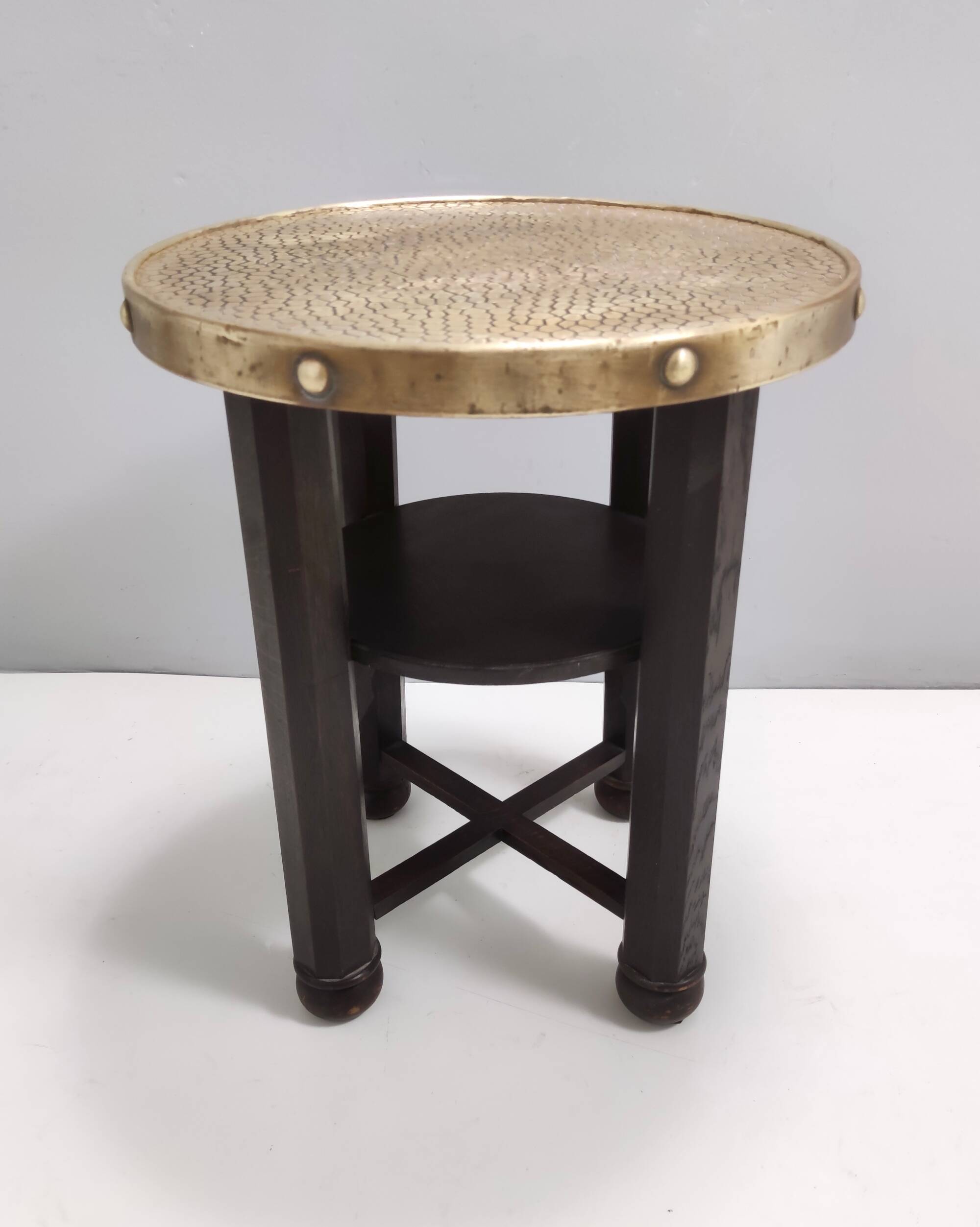 Secessionist Durmast Coffee Table with a Shelf and a Round Brass Top, Austr