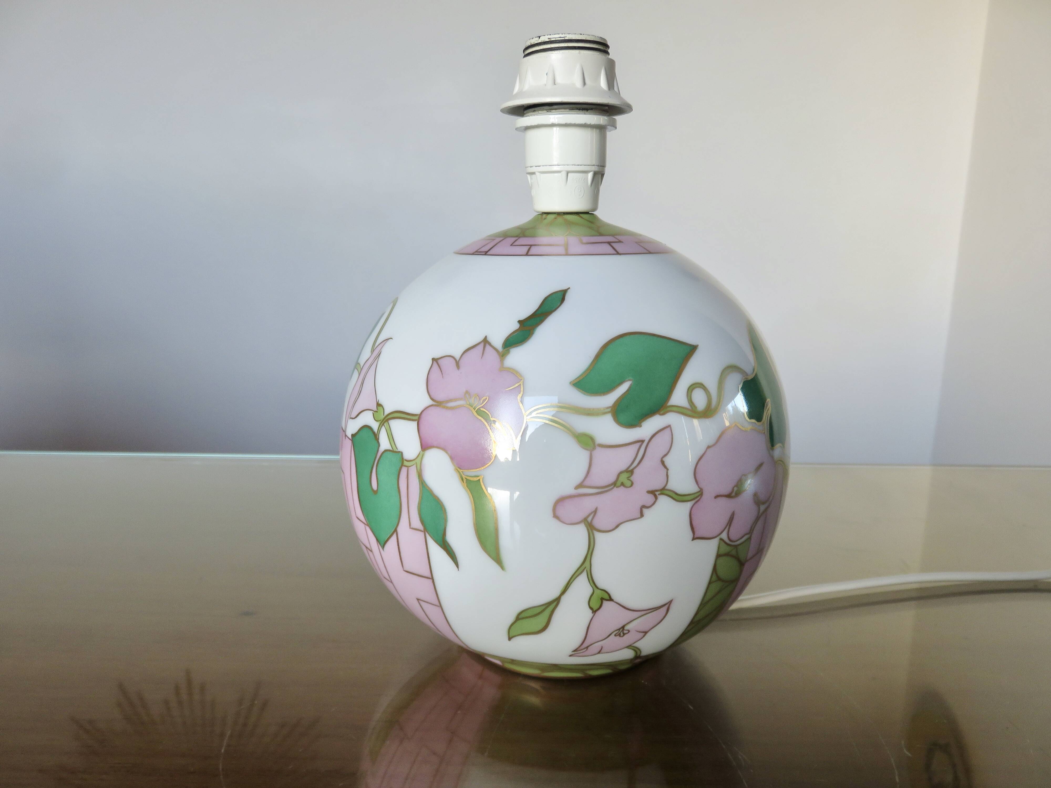 Ceramic ball lamp, with floral decoration, 70s, signed