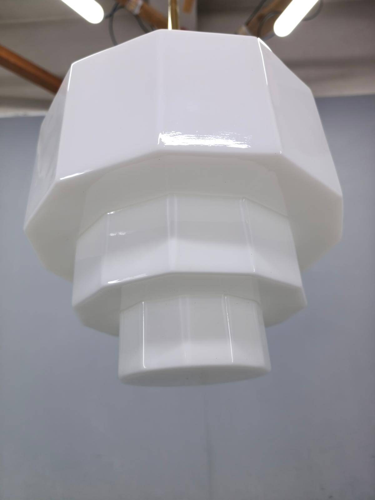 Art Deco Brass Pendant with Geometric Opaline Glass, Czechoslovakia 1930s