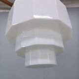 Art Deco Brass Pendant with Geometric Opaline Glass, Czechoslovakia 1930s