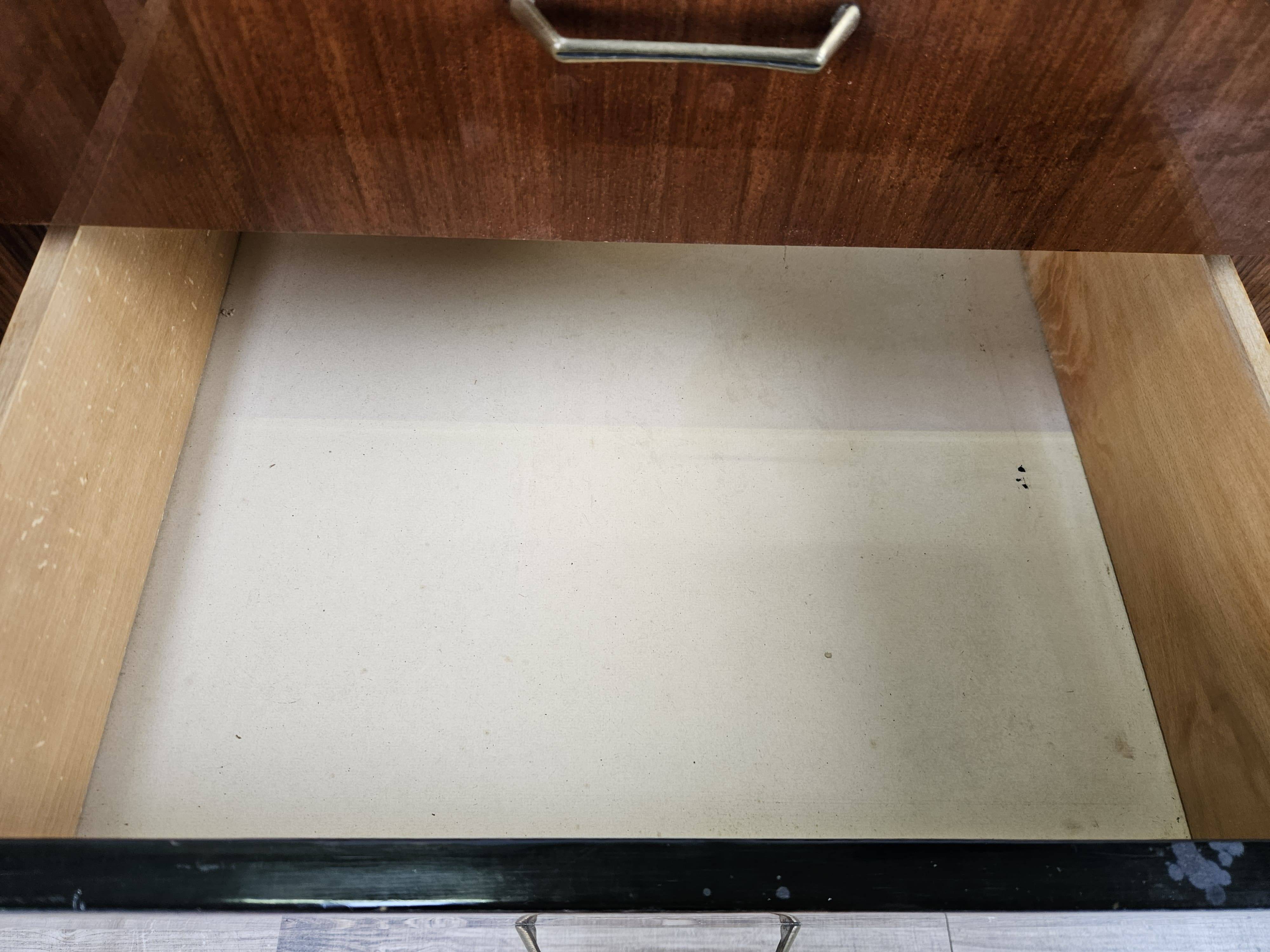 Vintage six-drawer mahogany burl dresser with glass top