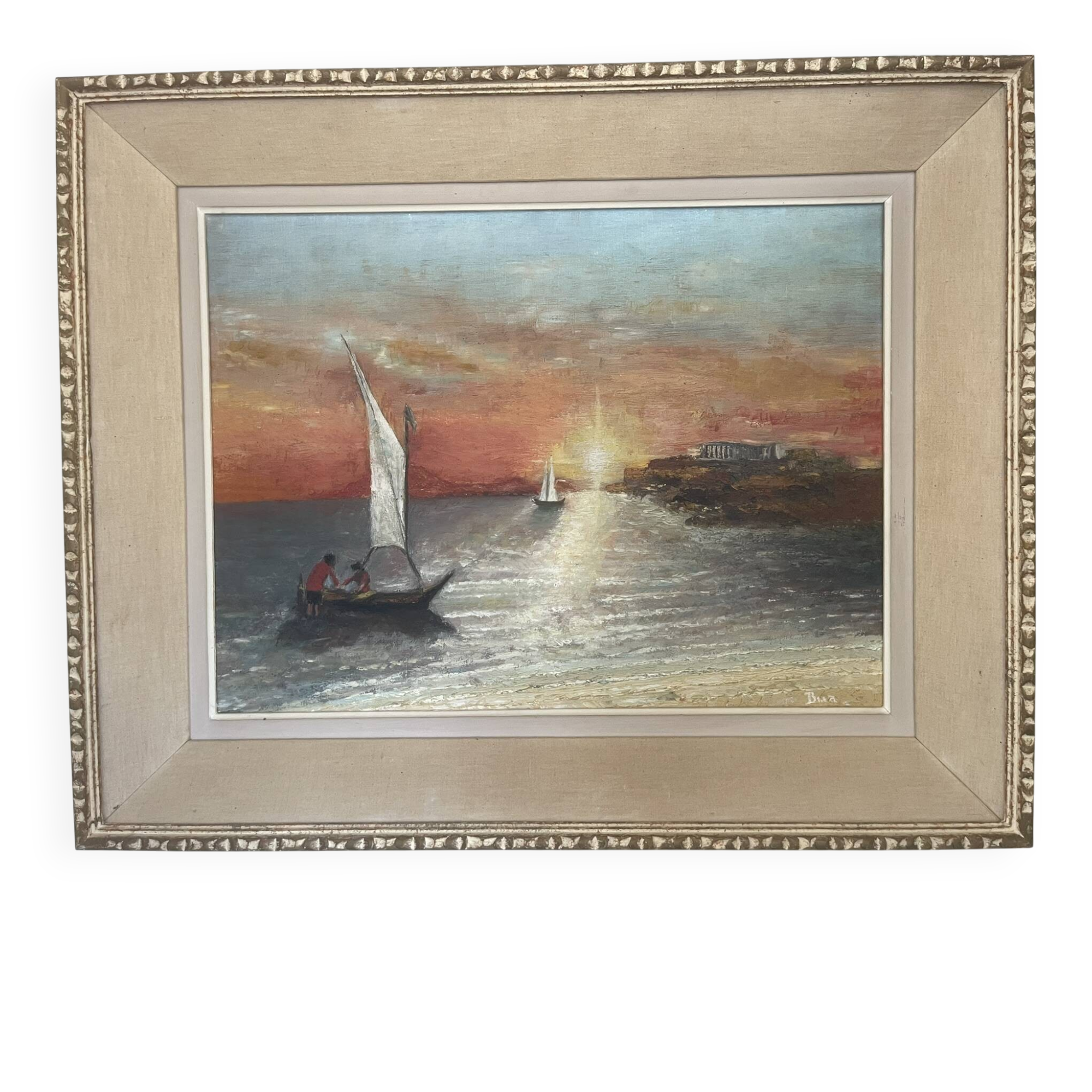 Oil Painting Canvas Sunset Boat Sea Sailboat Frame 62x