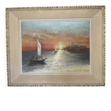 Oil Painting Canvas Sunset Boat Sea Sailboat Frame 62x