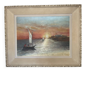 Tableau Peinture Huile Toile Couché Soleil Bateau Mer Voilier Feuillure 62x