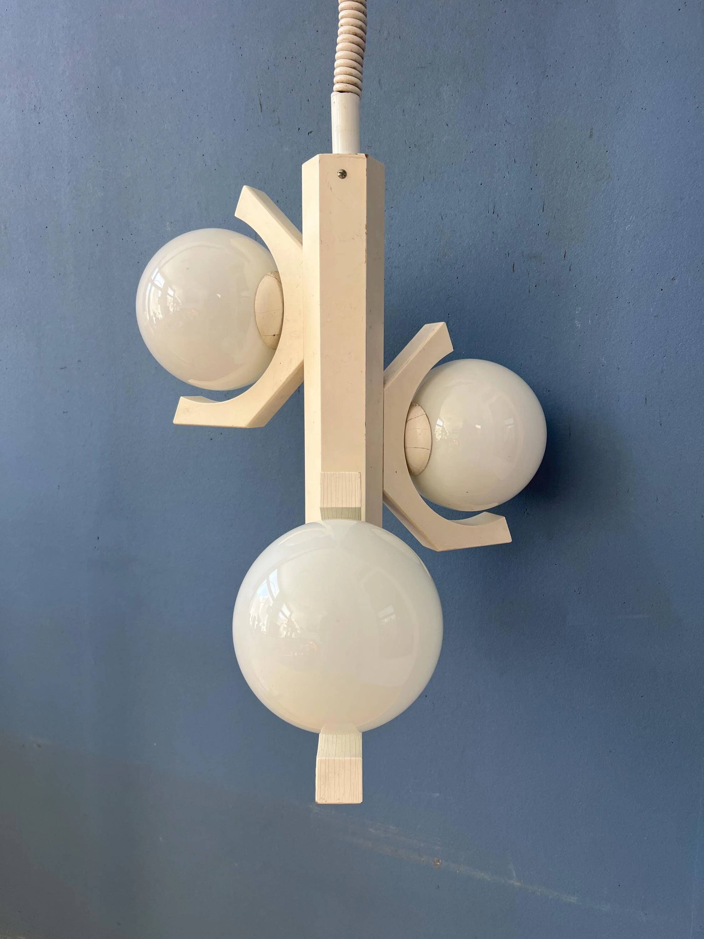 Mid-century white suspension with a bony design and opaline glass shade.