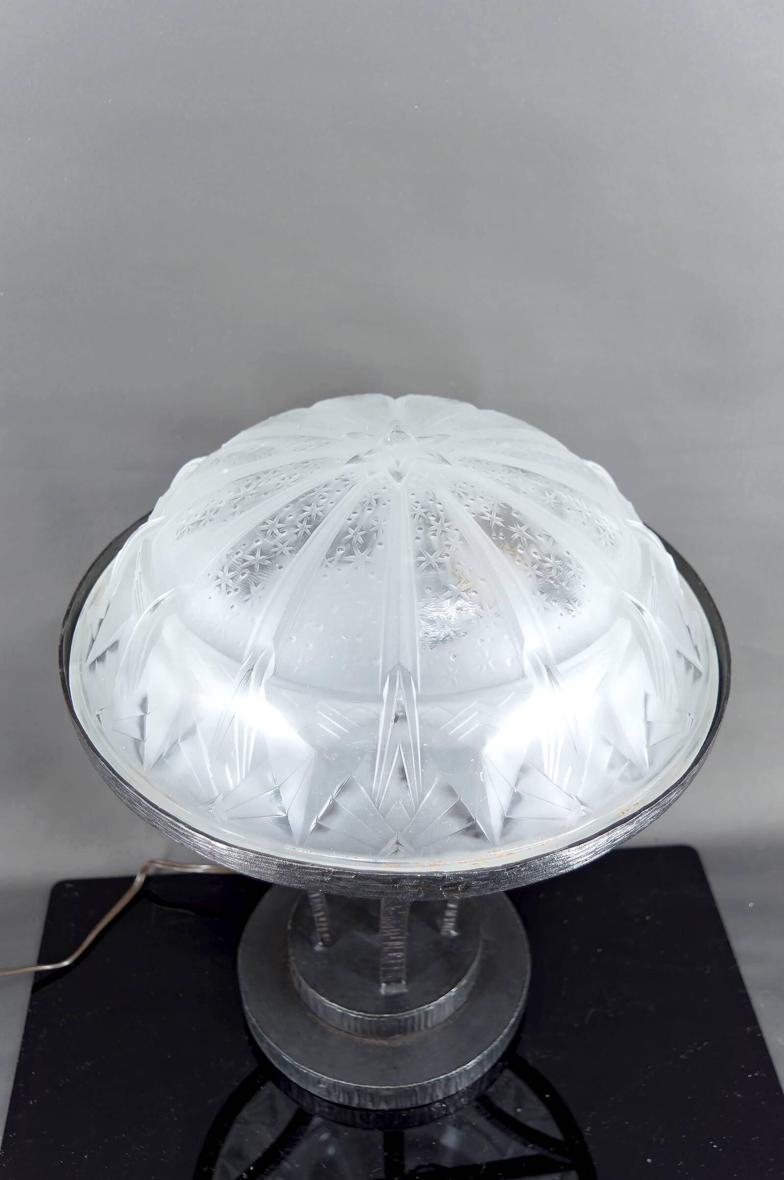 Important Art Deco Wrought Iron Lamp with Starry Glass Dome, c. 1930