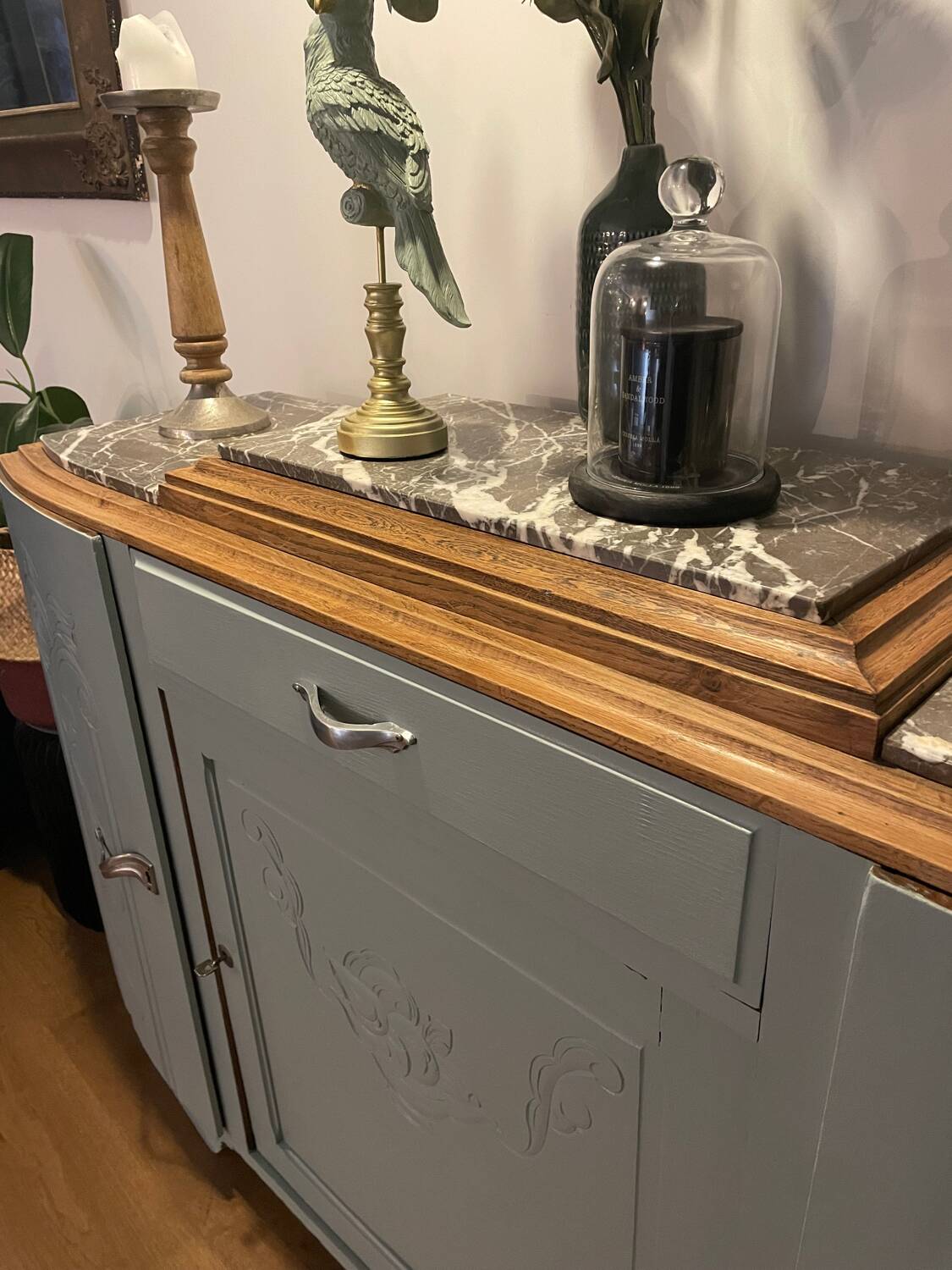 Revamped art deco sideboard in light sage green, marble top, chrome handles, vintage shabby chic