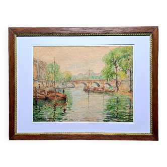 Aquarelle impressionniste - andré beronneau - paris la seine - 1920