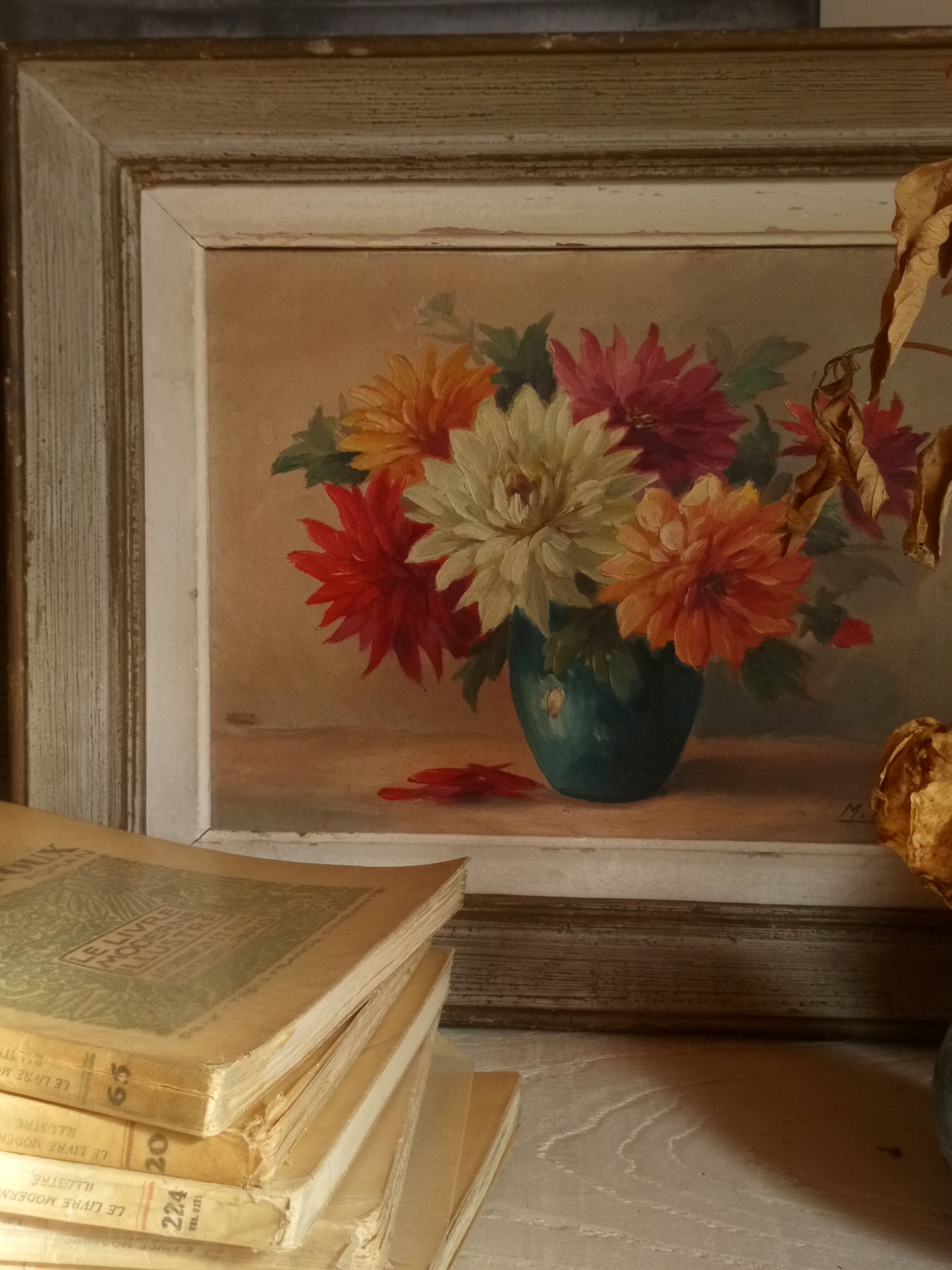 Oil on canvas vase with dalhias framed