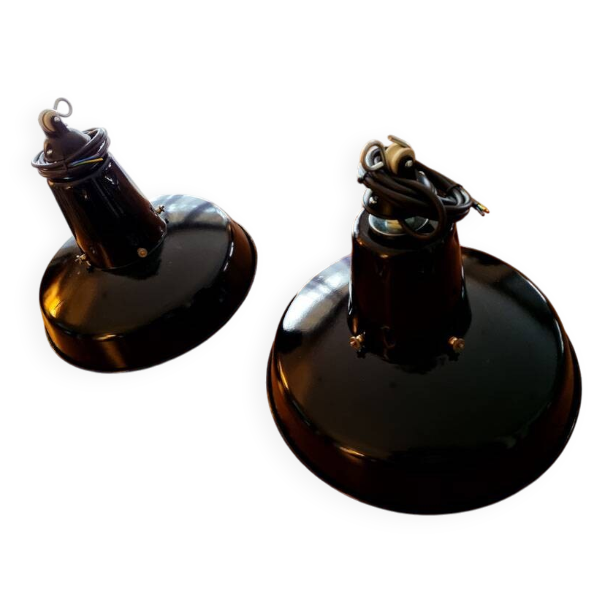 1 Pair of restored Mazda reflecto-lux enamelled industrial pendant lamps