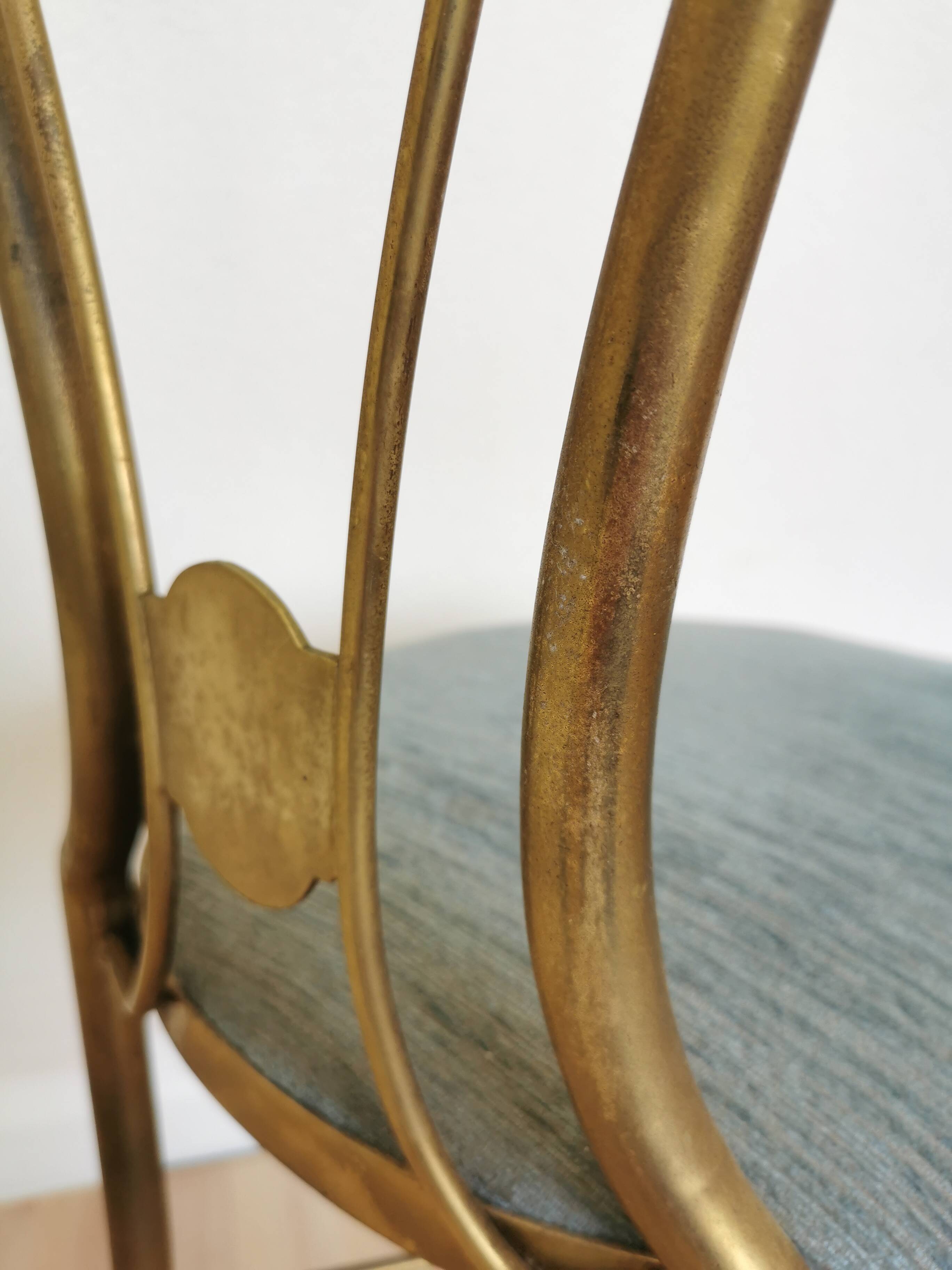 Vintage Paolo Buffa Brass Vanity Chair: Chiavari Style, Blue Fabric, 1950s