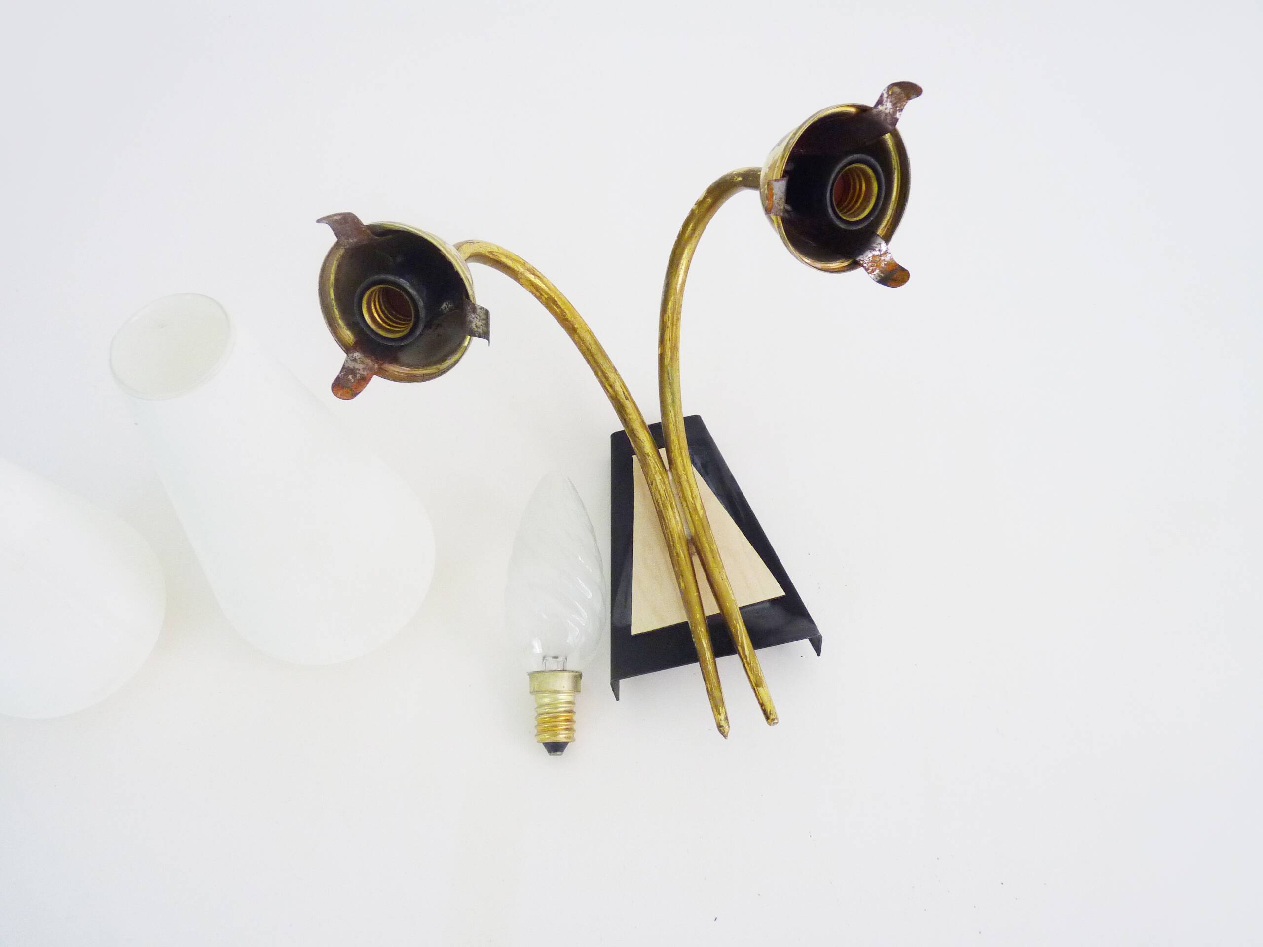 Pair of brass wall lights with double white tube lights. 70s