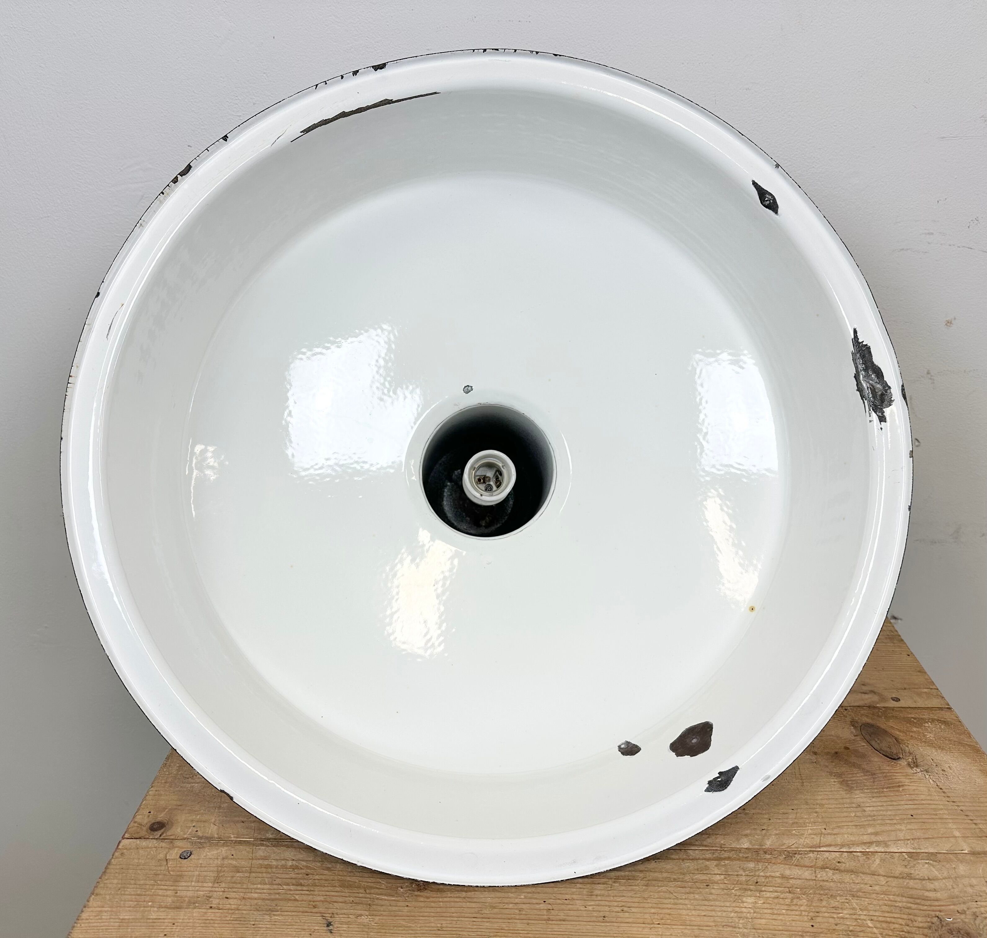 Large Industrial Grey Enamel Factory Lamp with Cast Iron Top, 1960s