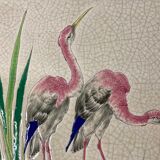 Longwy, old tile earthenware under flat decoration herons nineteenth