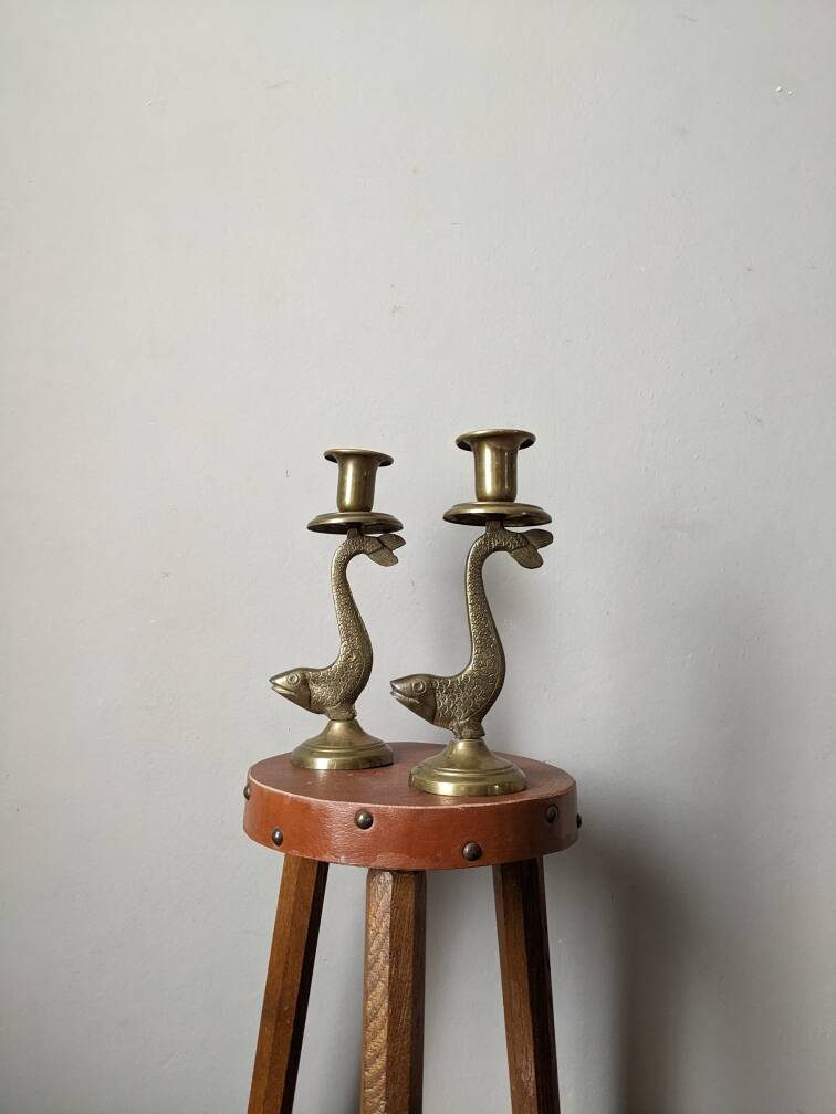 Pair of brass fish candlesticks, country decor