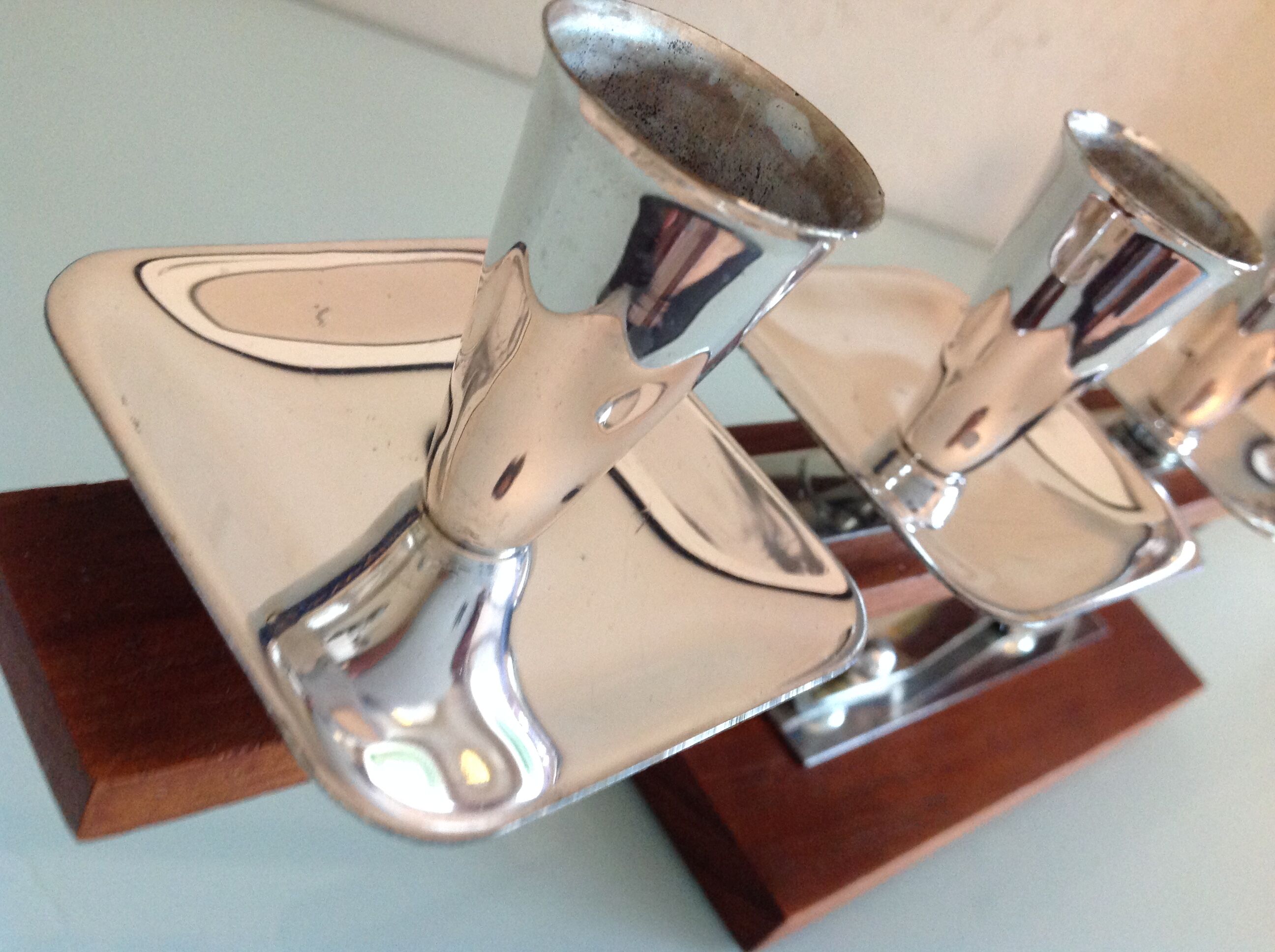 Five-head chandelier in teak and chrome metal Scandinavian style / vintage 60s-70s
