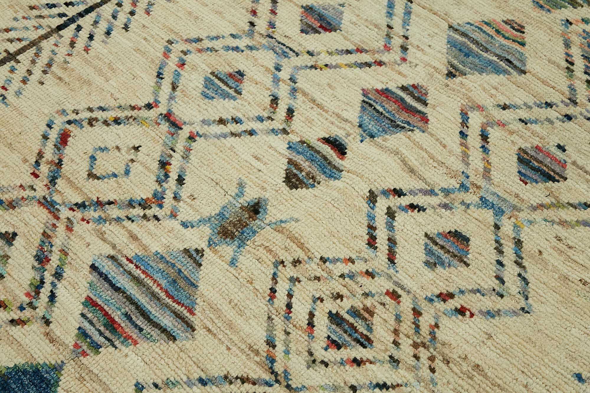 Tapis tribal unique noué à la main en laine beige 211 cm x 300 cm