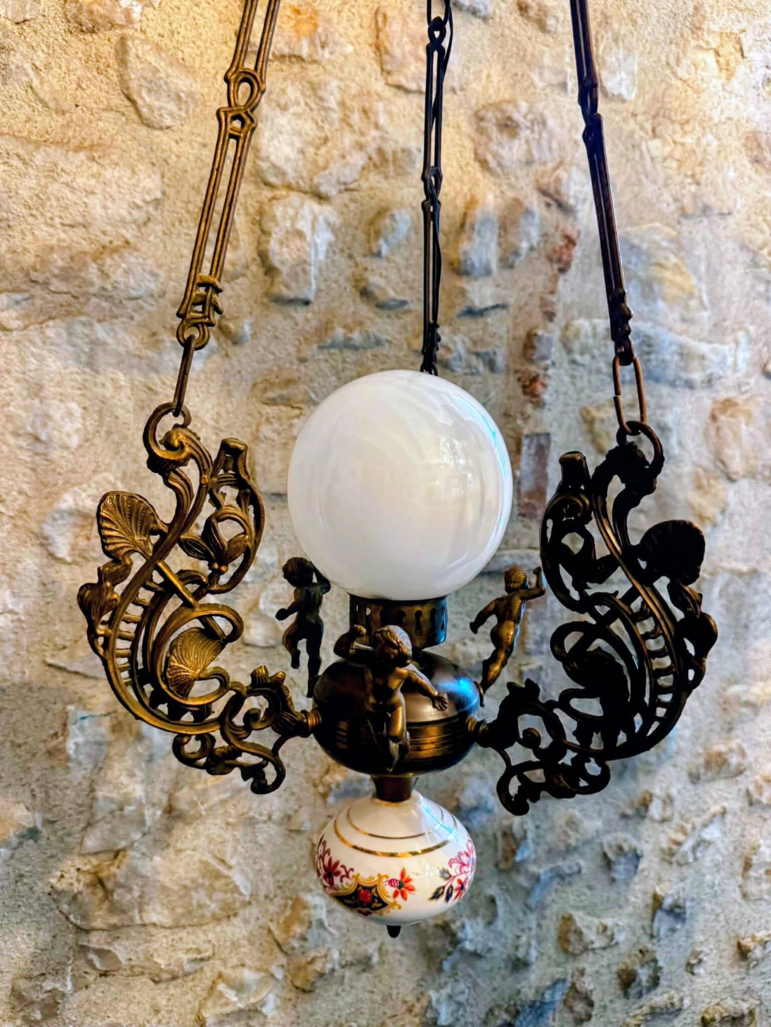 Bronze and porcelain Art Nouveau chandelier