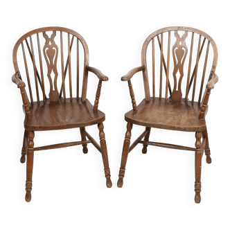 Pair of Windsor armchairs in dark oak